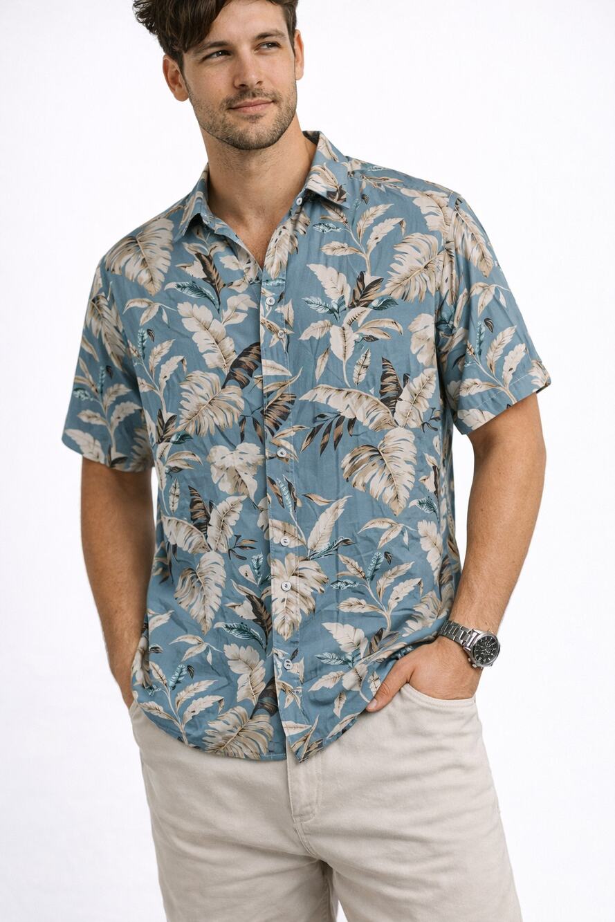Voyage Mens Hawaiian Shirt Blue Palm Leaf Tropical Button Up Short Sleeve Sz Sm